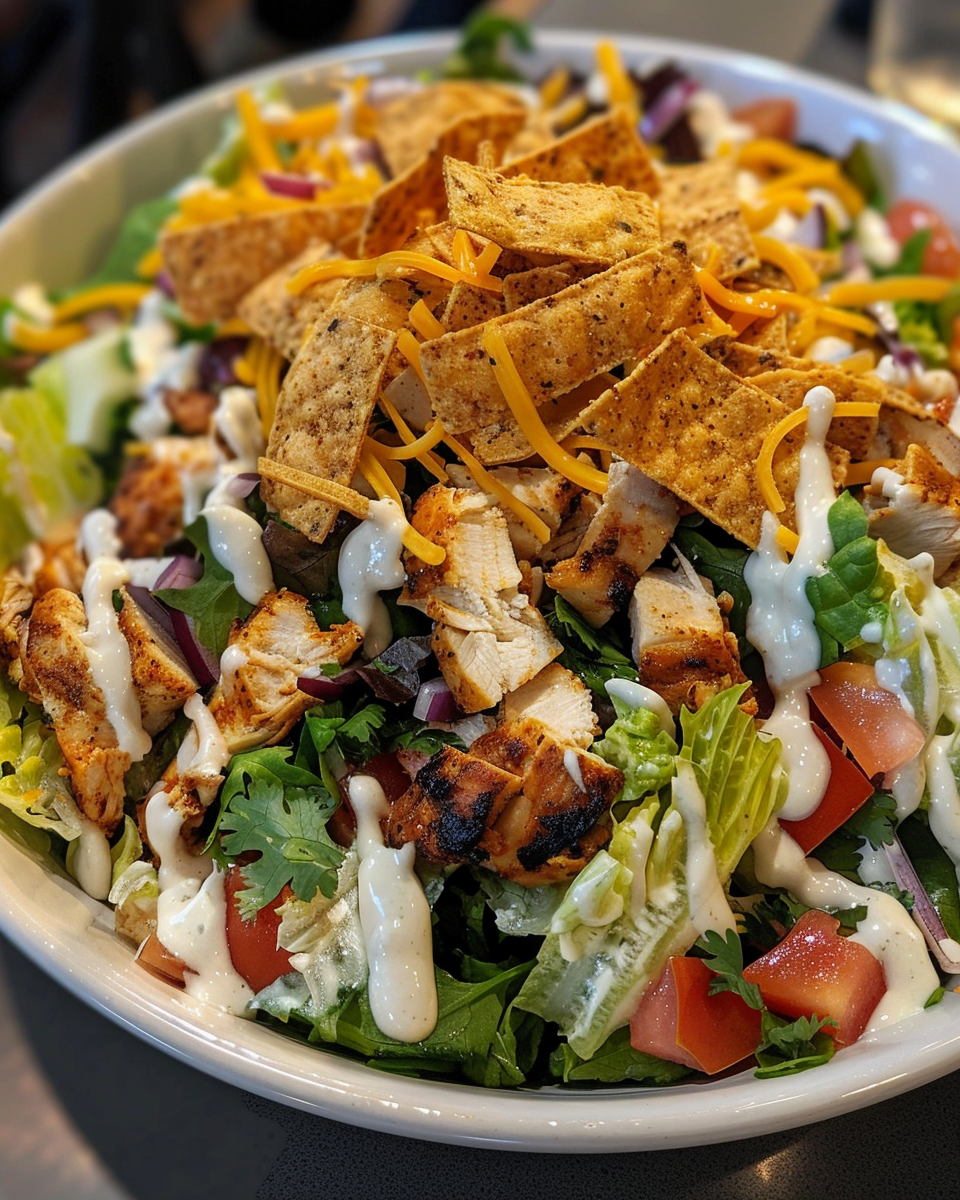 Ingredients for Tex-Mex taco chicken salad including grilled corn, black beans, vegetables, and cheddar cheese