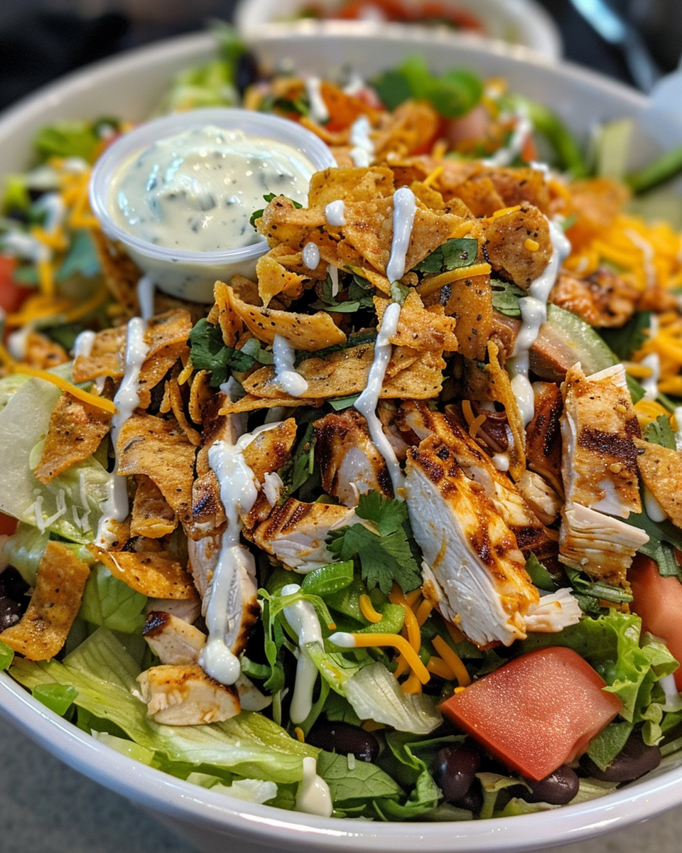 Final plated Tex-Mex chicken salad showing fresh vegetables, grilled corn, and tortilla strips