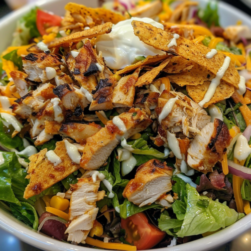 Tex Mex Taco Chicken Salad With Ranch And Crunchy Tortilla Strips taken with iphone 15 pro max --iw 2 --ar 4:5 --v 6.0 --raw