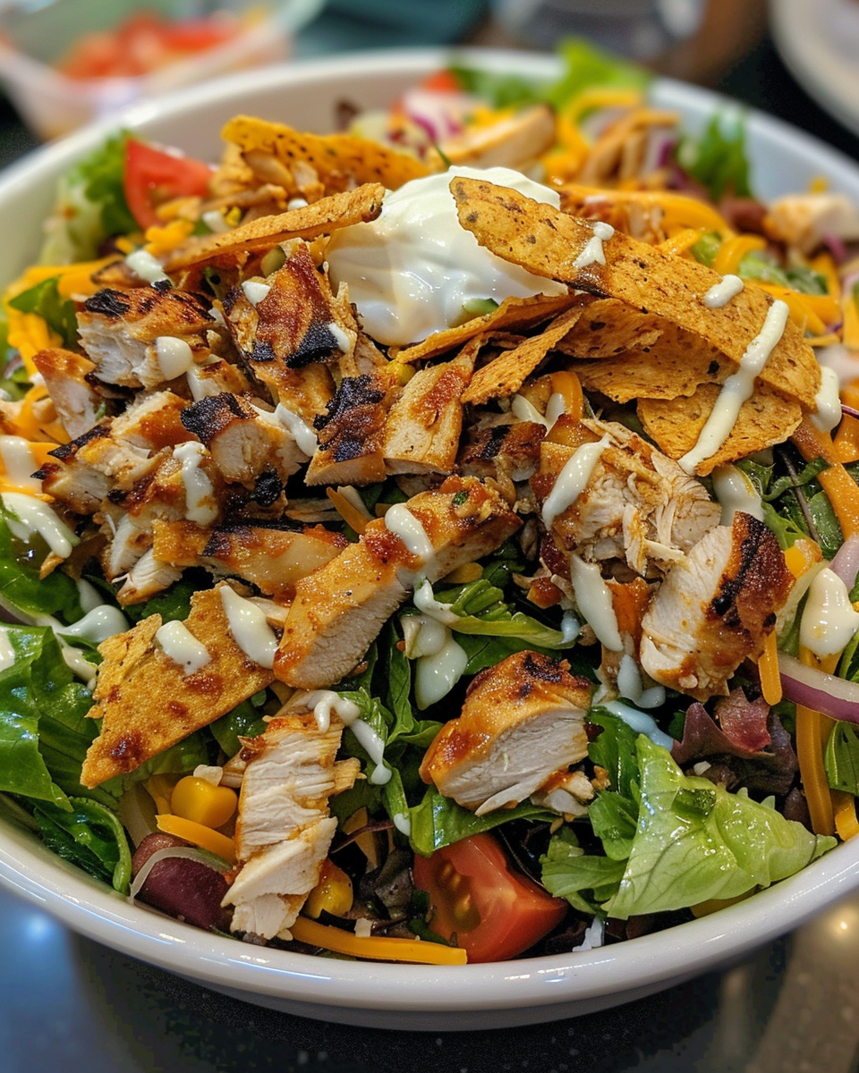 Tex Mex Taco Chicken Salad With Ranch And Crunchy Tortilla Strips taken with iphone 15 pro max --iw 2 --ar 4:5 --v 6.0 --raw