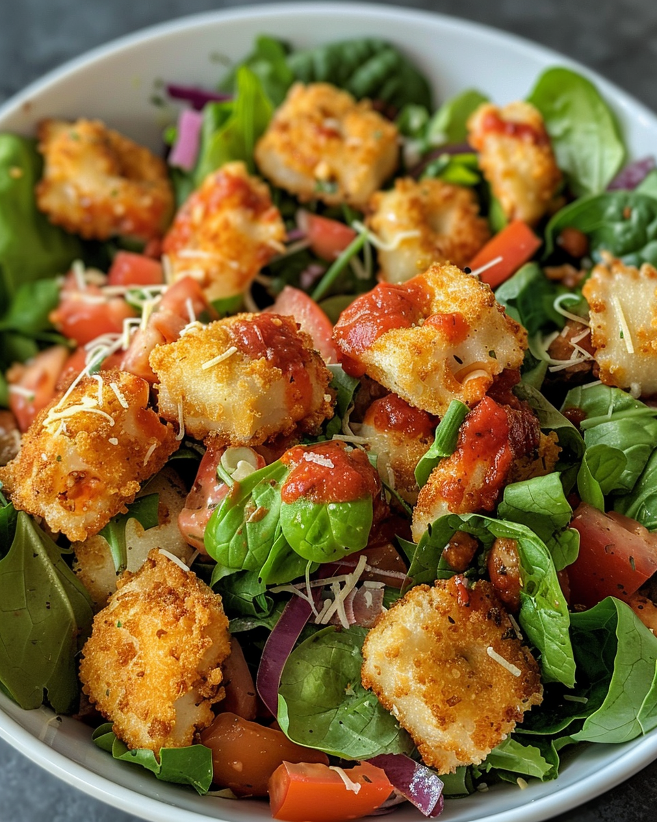 Toasted Ravioli Salad With Creamy Marinara Dressing taken with iphone 15 pro max --iw 2 --ar 4:5 --v 6.0 --raw