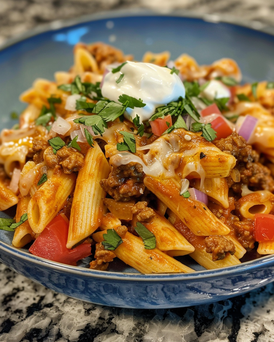 Veggie-Loaded Tex-Mex Taco Pasta taken with iphone 15 pro max --iw 2 --ar 4:5 --v 6.0 --raw