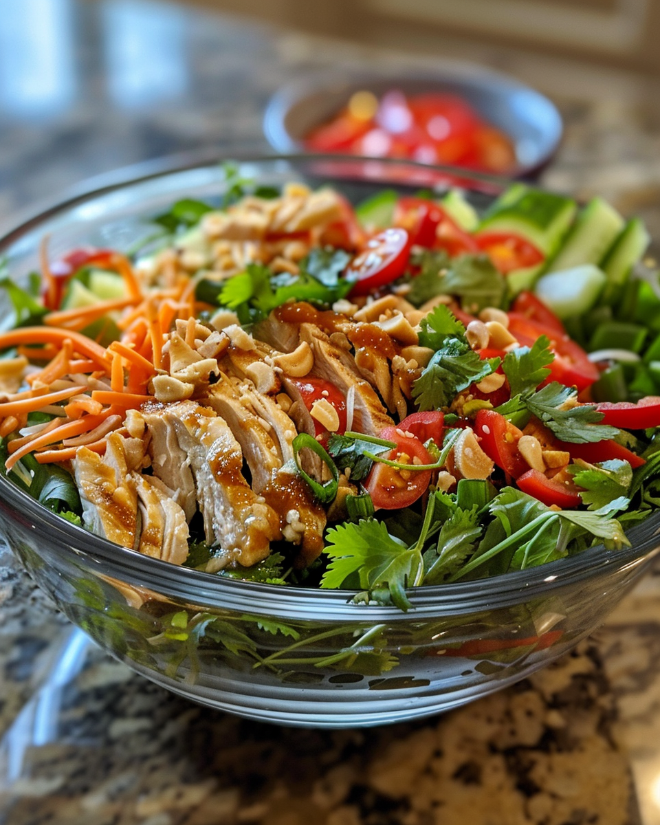 Finished Vietnamese chicken salad served with lime and fresh herbs