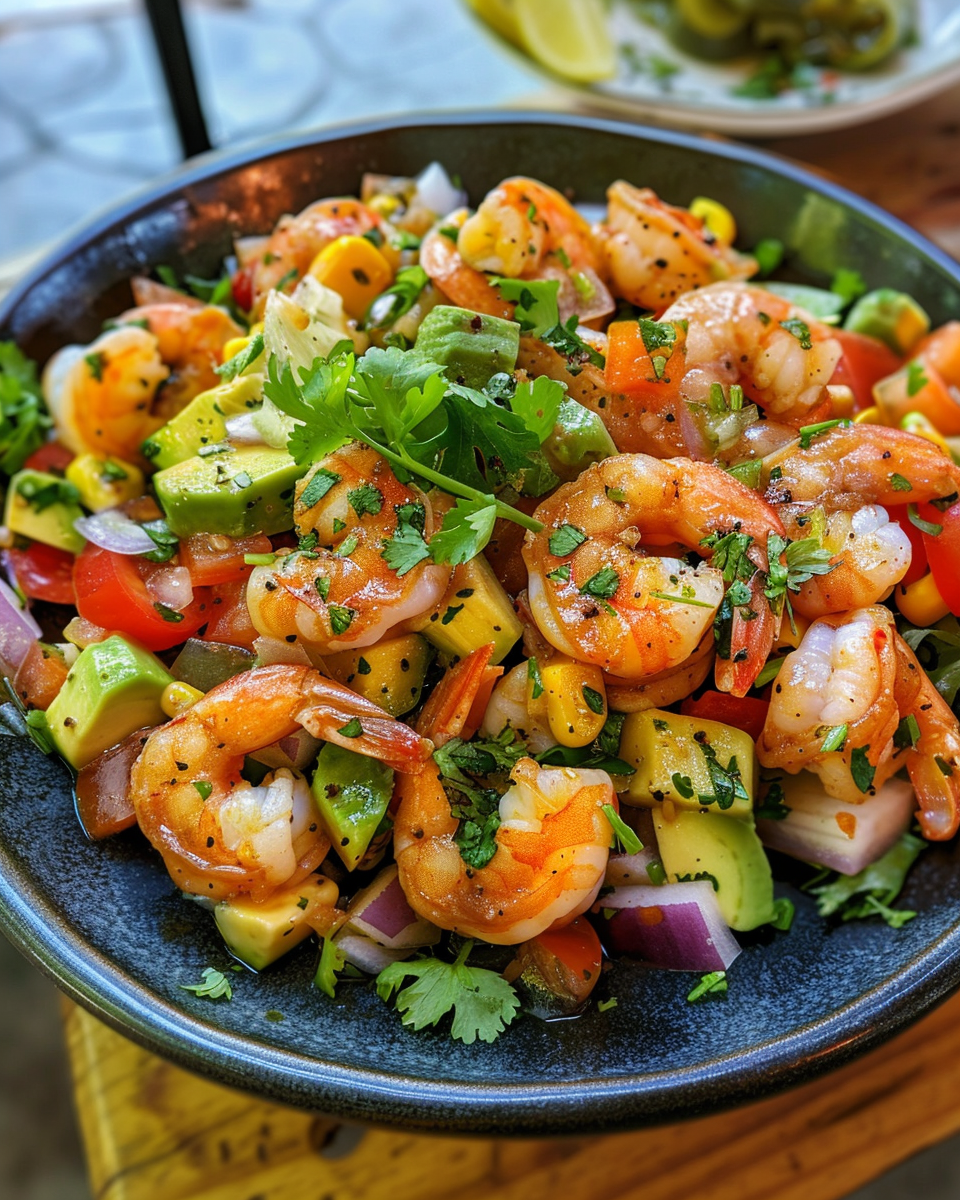 Fresh ingredients for aguachile shrimp salad including herbs, lime juice, and serrano chiles