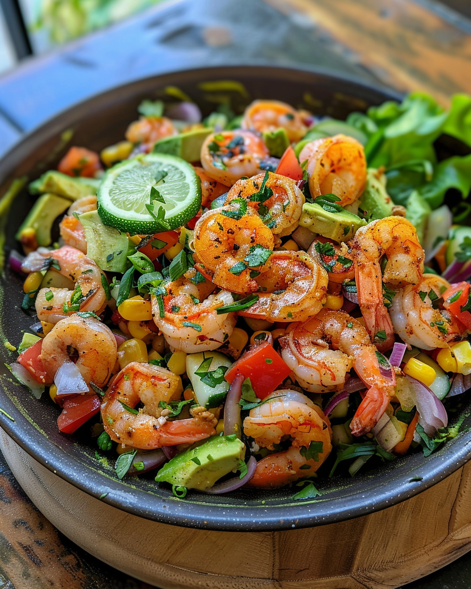 Close-up of finished aguachile shrimp salad with creamy dressing and fresh herbs