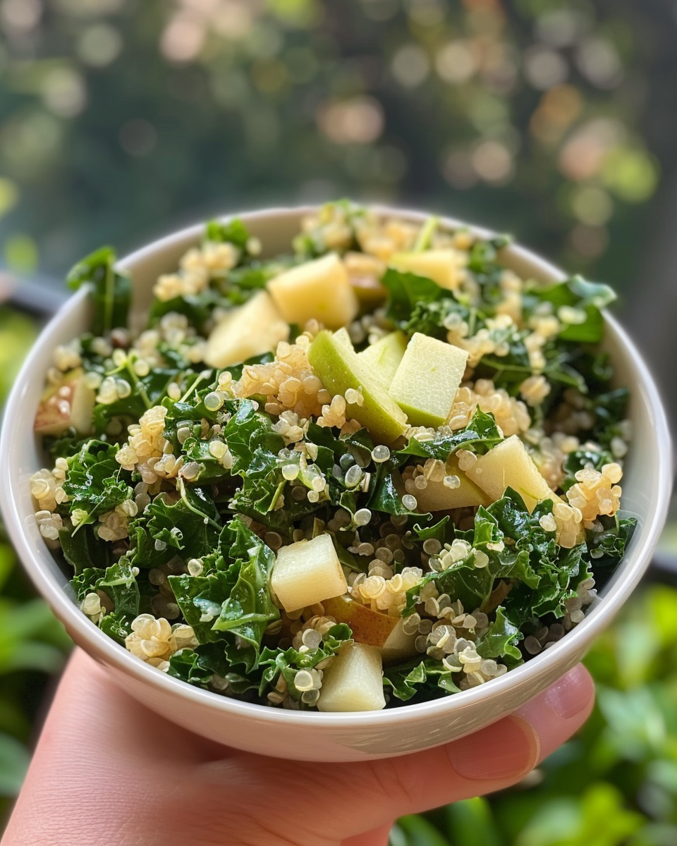Apple Cider Quinoa Kale Salad taken with iphone 15 pro max --iw 2 --ar 4:5 --v 6.0 --raw