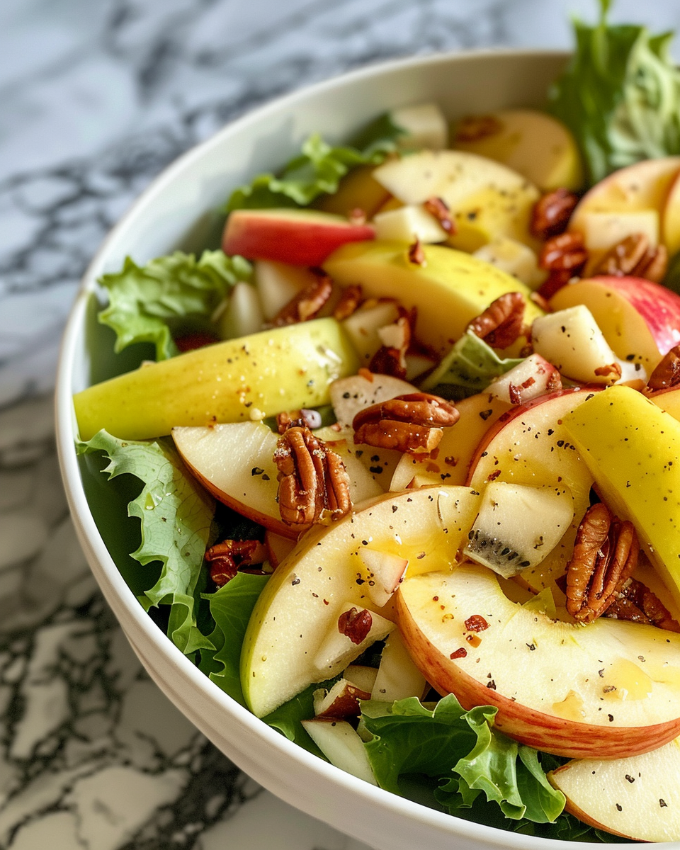 Serving fresh pressure cooker apple salad with romaine and croutons