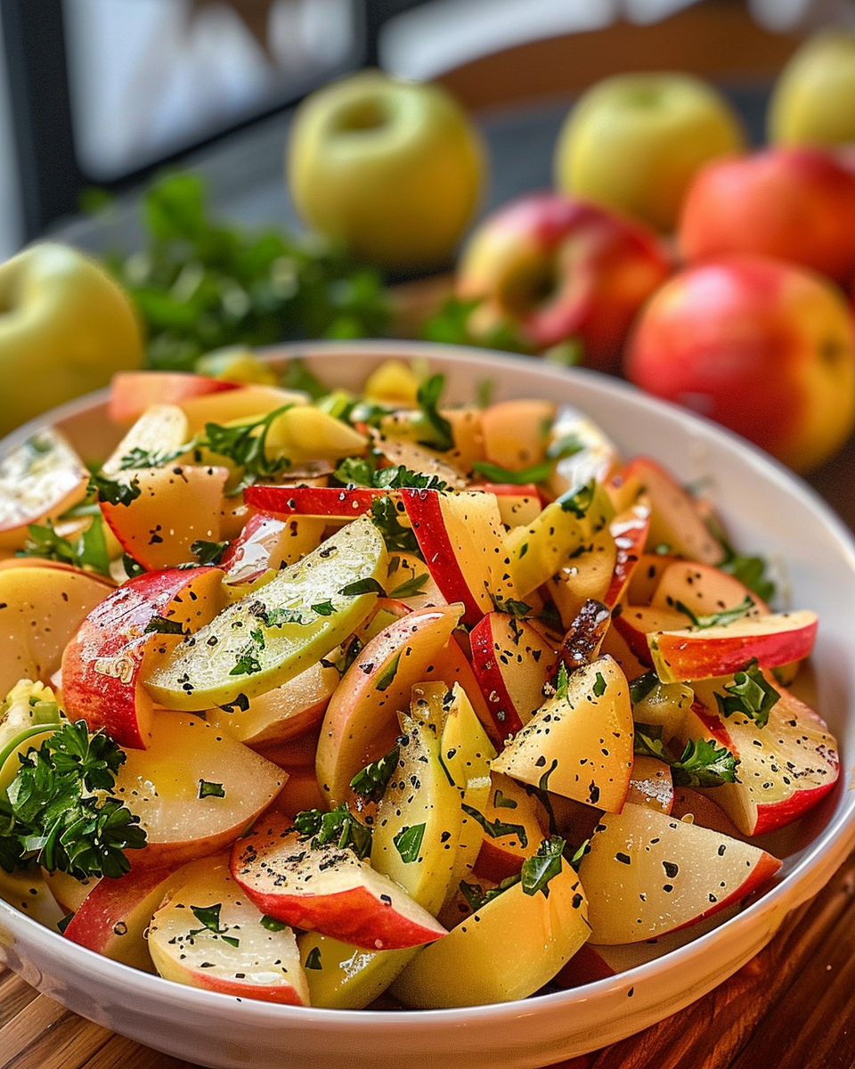 Chilled fresh apple salad served with romaine, cherry tomatoes, and homemade croutons