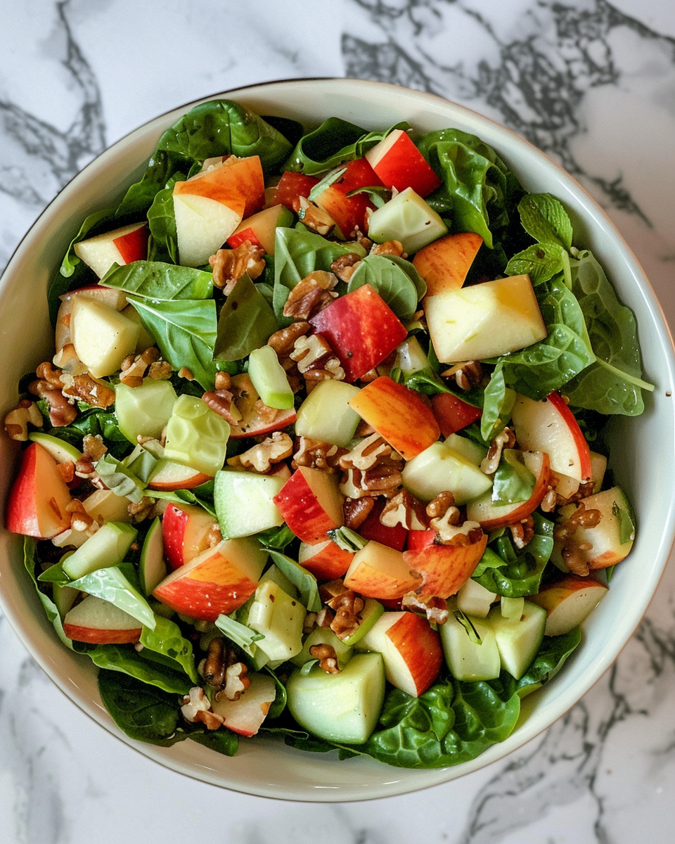 Ingredients spread for apple walnut salad including lettuce, apples, walnuts, and dressing
