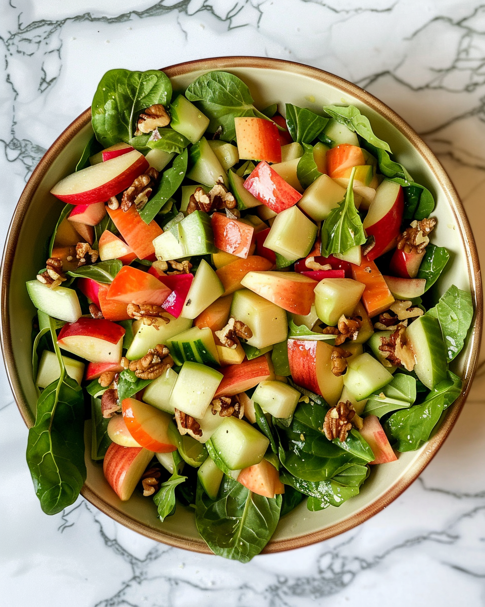 Serving bowl of finished apple walnut salad topped with feta cheese