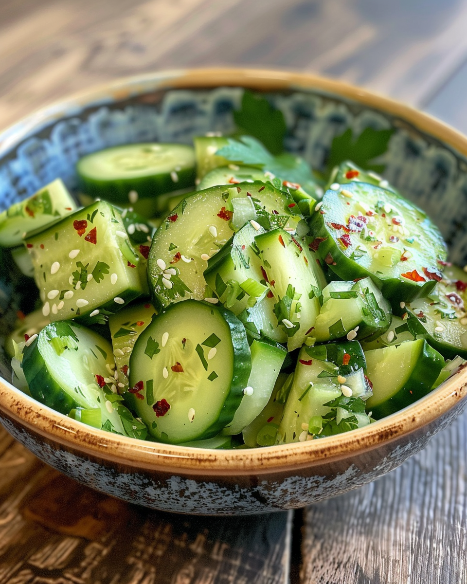 Ingredients for Asian cucumber salad including cucumbers, red onion, bell pepper, and seasonings