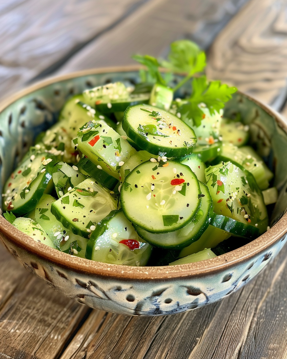 Serving bowl of Asian cucumber salad with vibrant colors and fresh texture