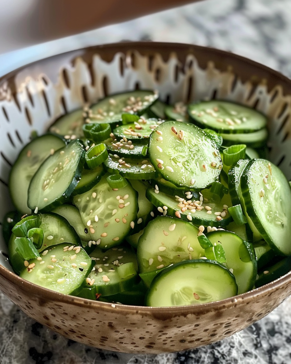 Ingredients for Asian cucumber salad including cucumbers, red onion, bell pepper, and seasonings