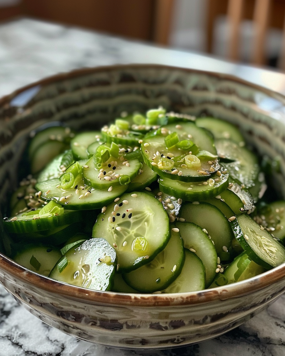 Refreshingly crisp Asian cucumber salad served on the table