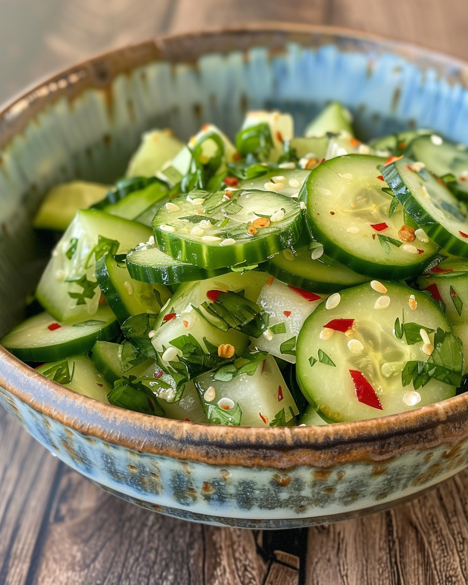 Asian Cucumber Salad taken with iphone 15 pro max --iw 2 --ar 4:5 --v 6.0 --raw