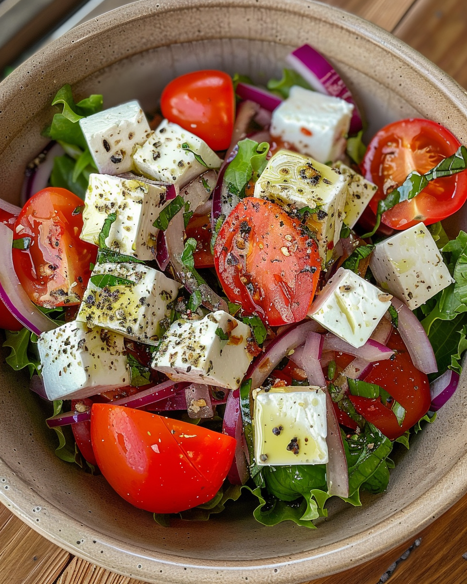 Ingredients for Italian salad with fresh veggies and cheeses