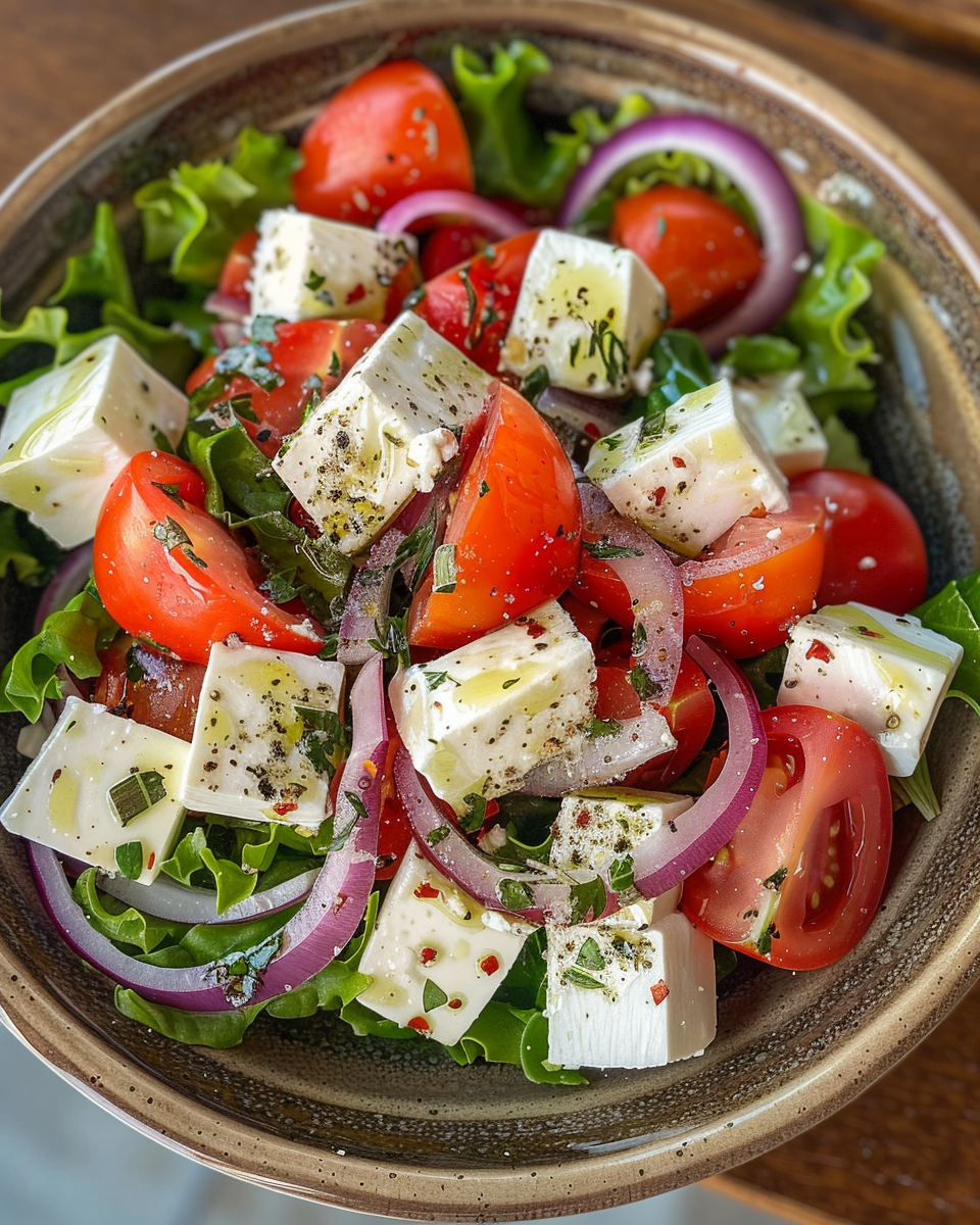 Final tossed Italian salad with cheeses and dressing ready to serve
