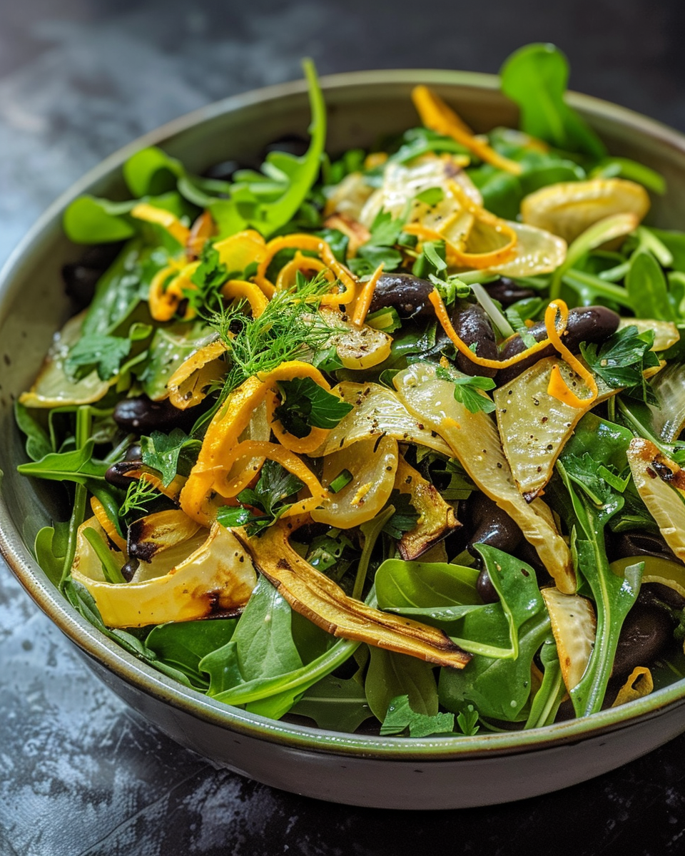 Close up of black bean fennel roasted parsnip salad with tarragon orange dressing ready to serve