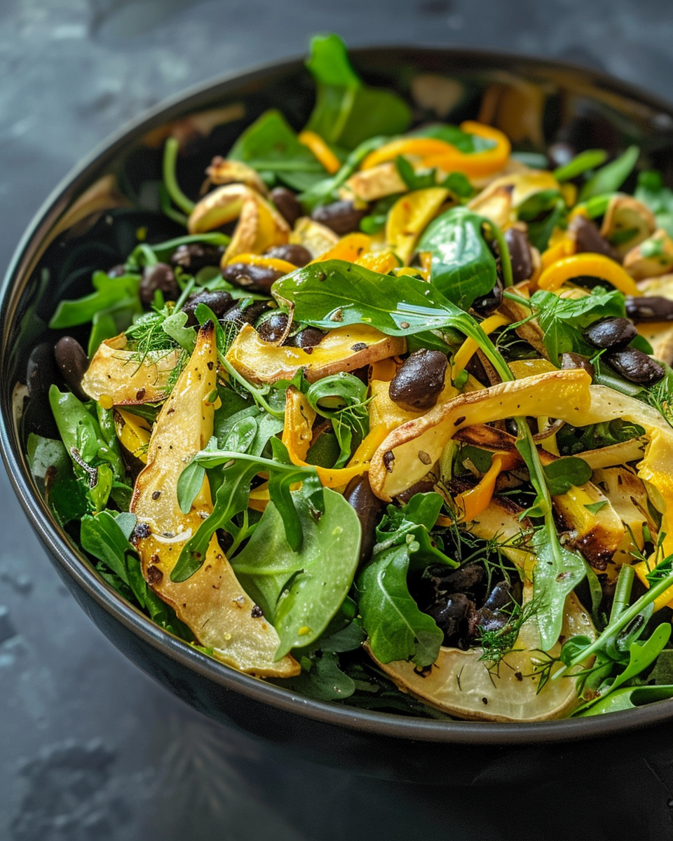 Black bean fennel and roasted parsnip salad with tarragon orange dressing in bowl