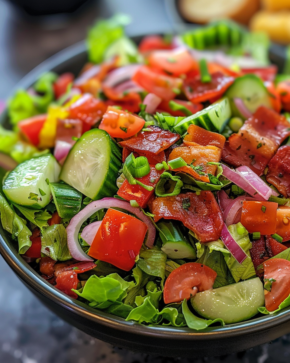 Ingredients laid out for BLT chopped salad including bacon, kale, tomatoes, and dressing
