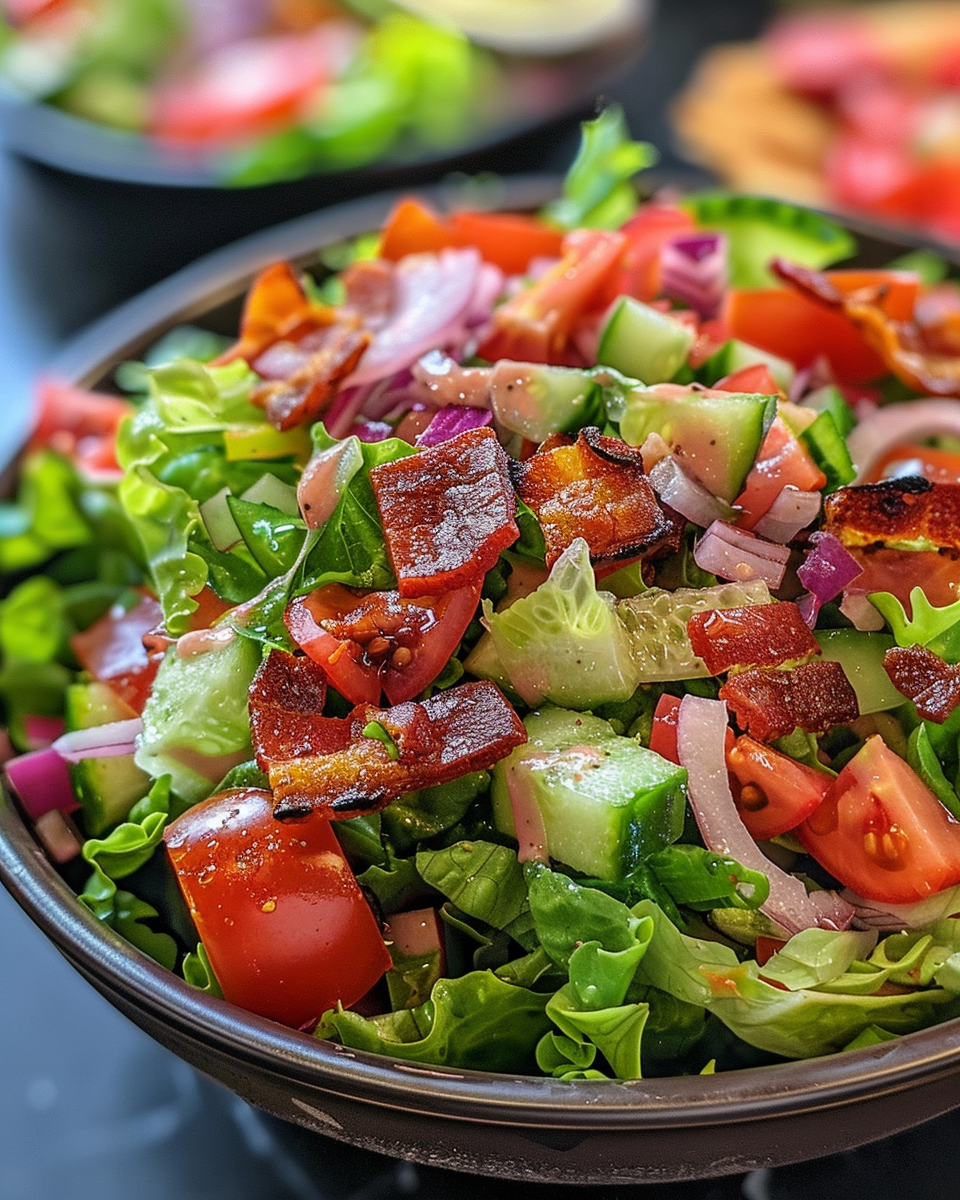 Finished BLT chopped salad served with creamy feta and crispy bacon