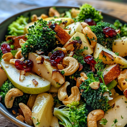 Broccoli Cashew Salad With Apples Pears And Cranberries taken with iphone 15 pro max --iw 2 --ar 4:5 --v 6.0 --raw