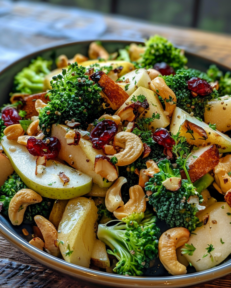 Broccoli Cashew Salad With Apples Pears And Cranberries taken with iphone 15 pro max --iw 2 --ar 4:5 --v 6.0 --raw
