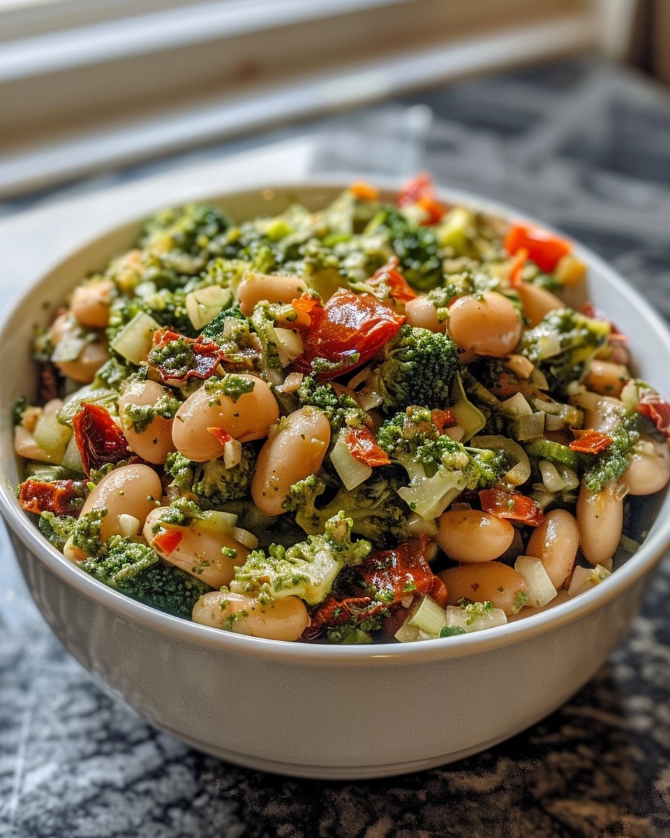 Finished crispy butter bean skillet with broccoli pesto and sundried tomatoes