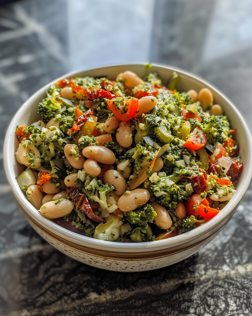 Butter bean broccoli sundried tomato pesto chopped salad fresh ingredients
