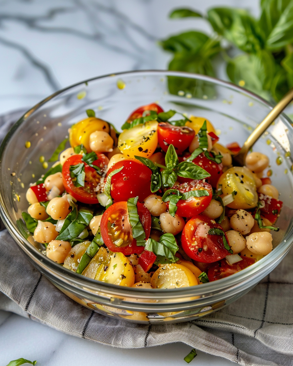 Ingredients for Caprese Chickpea Salad displayed in a bowl