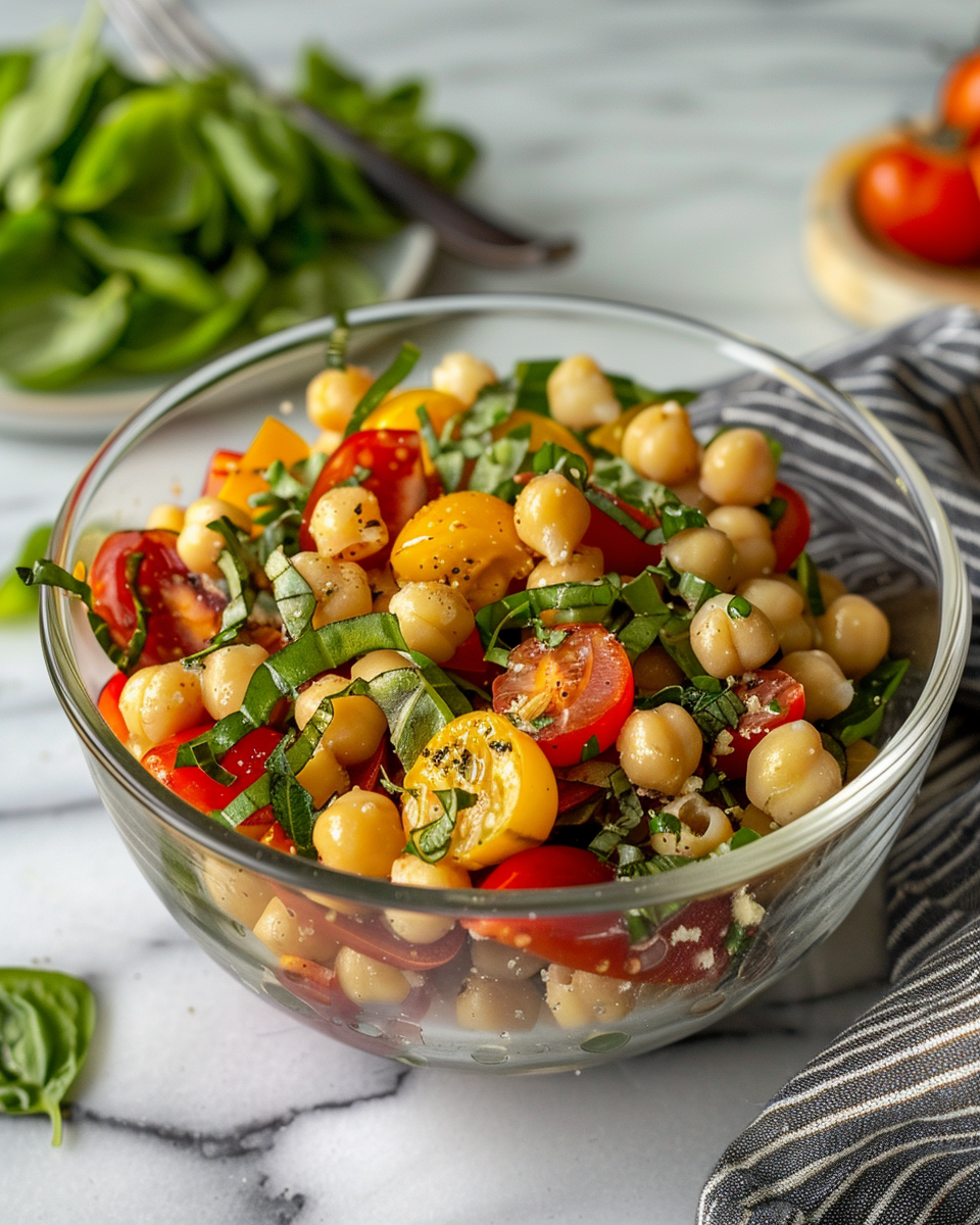 Serving suggestion of Caprese Chickpea Salad with fresh basil garnish
