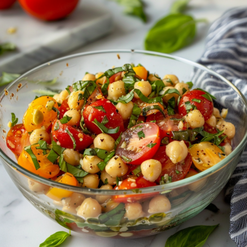 Caprese Chickpea Salad taken with iphone 15 pro max --iw 2 --ar 4:5 --v 6.0 --raw