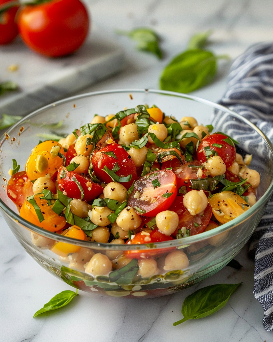 Caprese Chickpea Salad taken with iphone 15 pro max --iw 2 --ar 4:5 --v 6.0 --raw