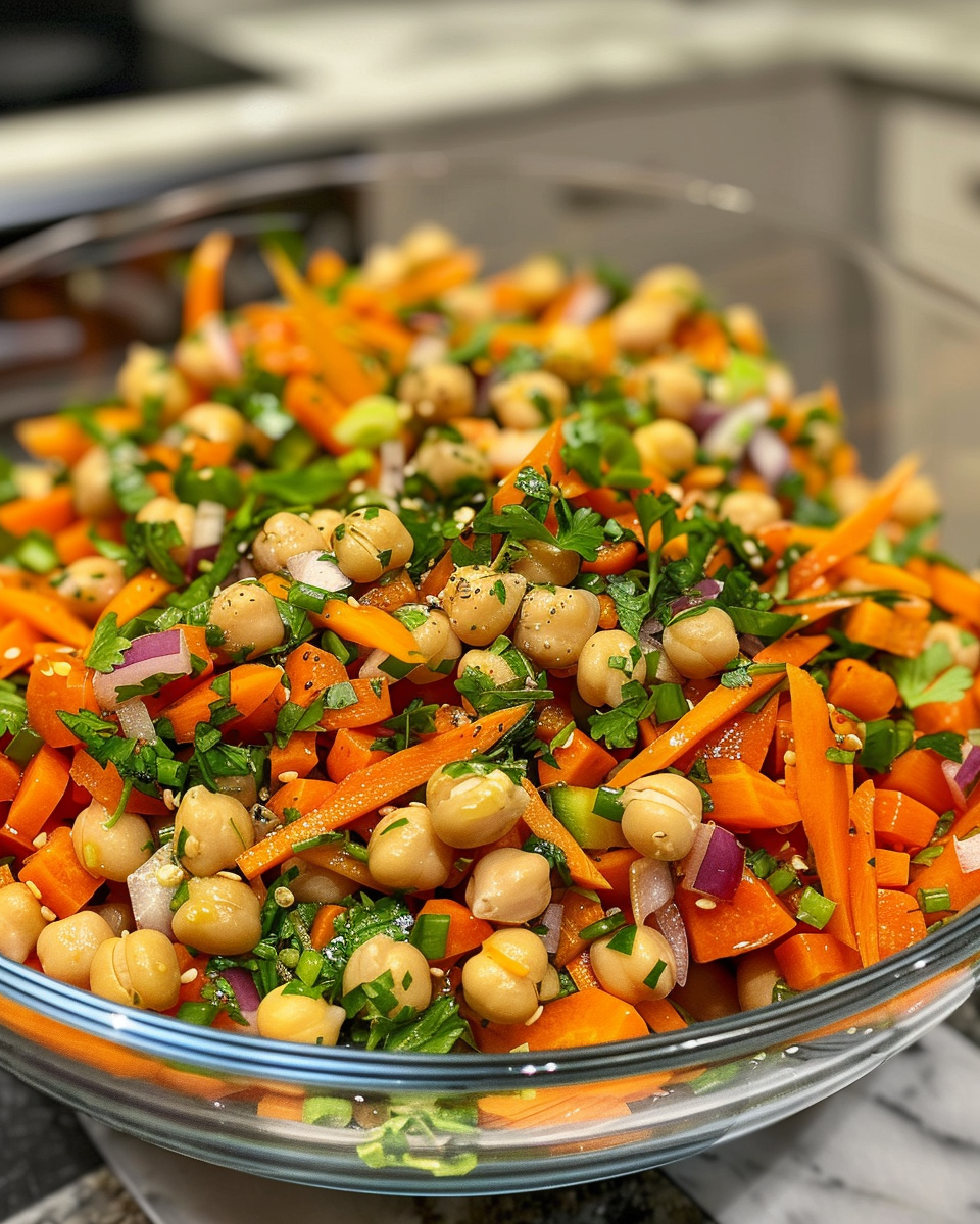 Ingredients for carrot chickpea salad including shredded carrots, tahini, lemon juice, and olive oil