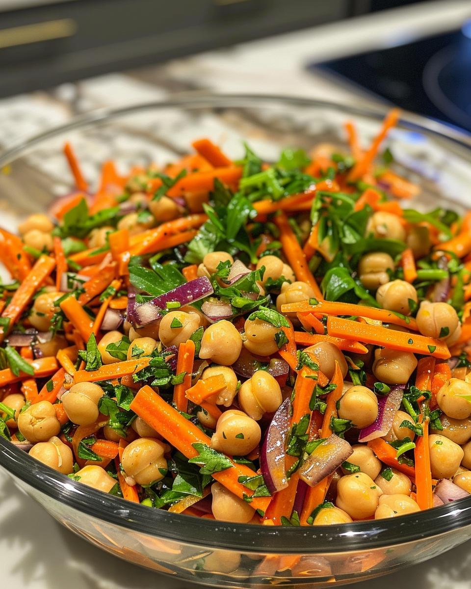 Serving bowl of finished carrot chickpea salad garnished with parsley and lemon