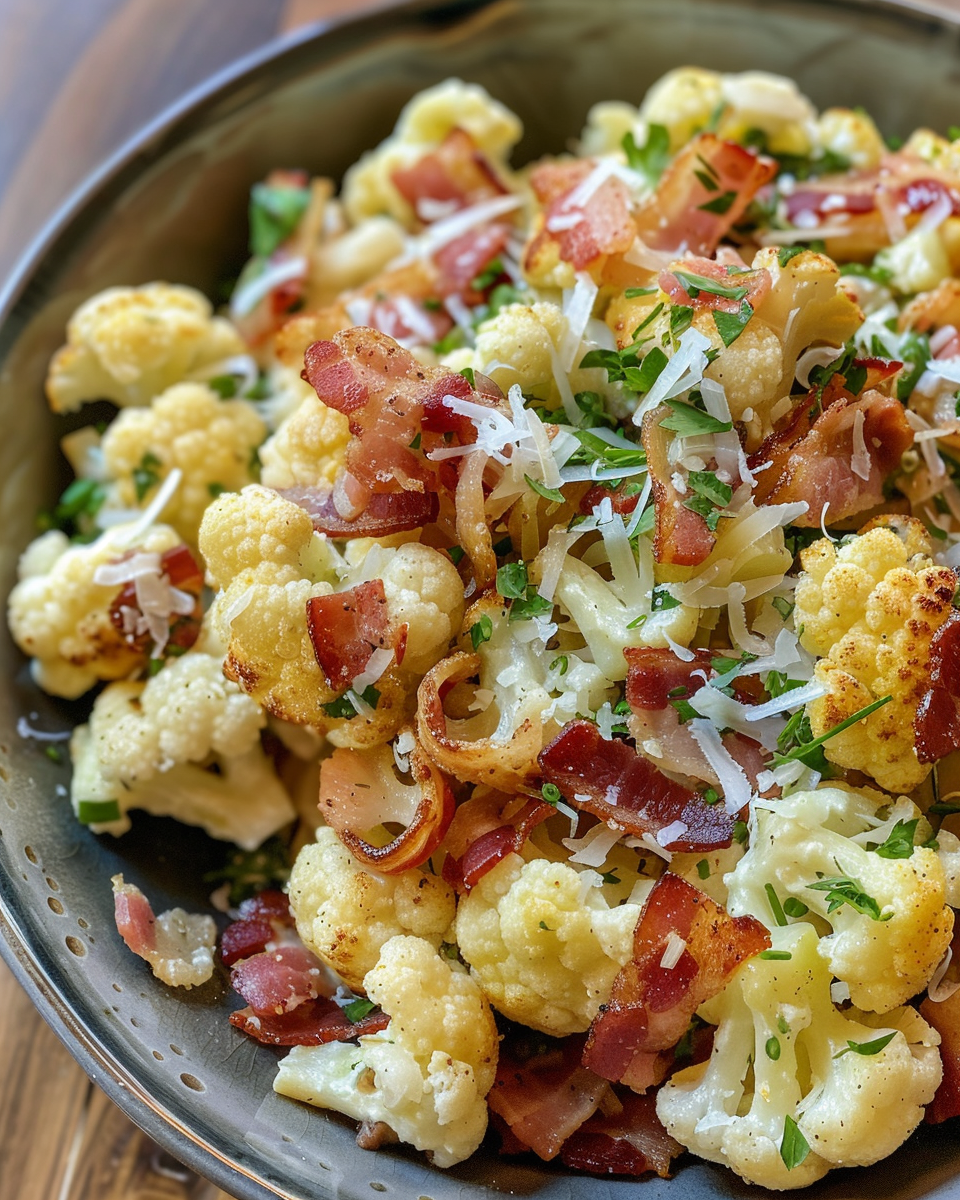 Serving bowl of cauliflower salad with bacon and Parmesan cheese