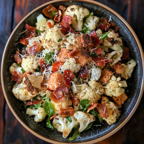 Cauliflower Salad Recipe With Bacon And Parmesan Cheese taken with iphone 15 pro max --iw 2 --ar 4:5 --v 6.0 --raw
