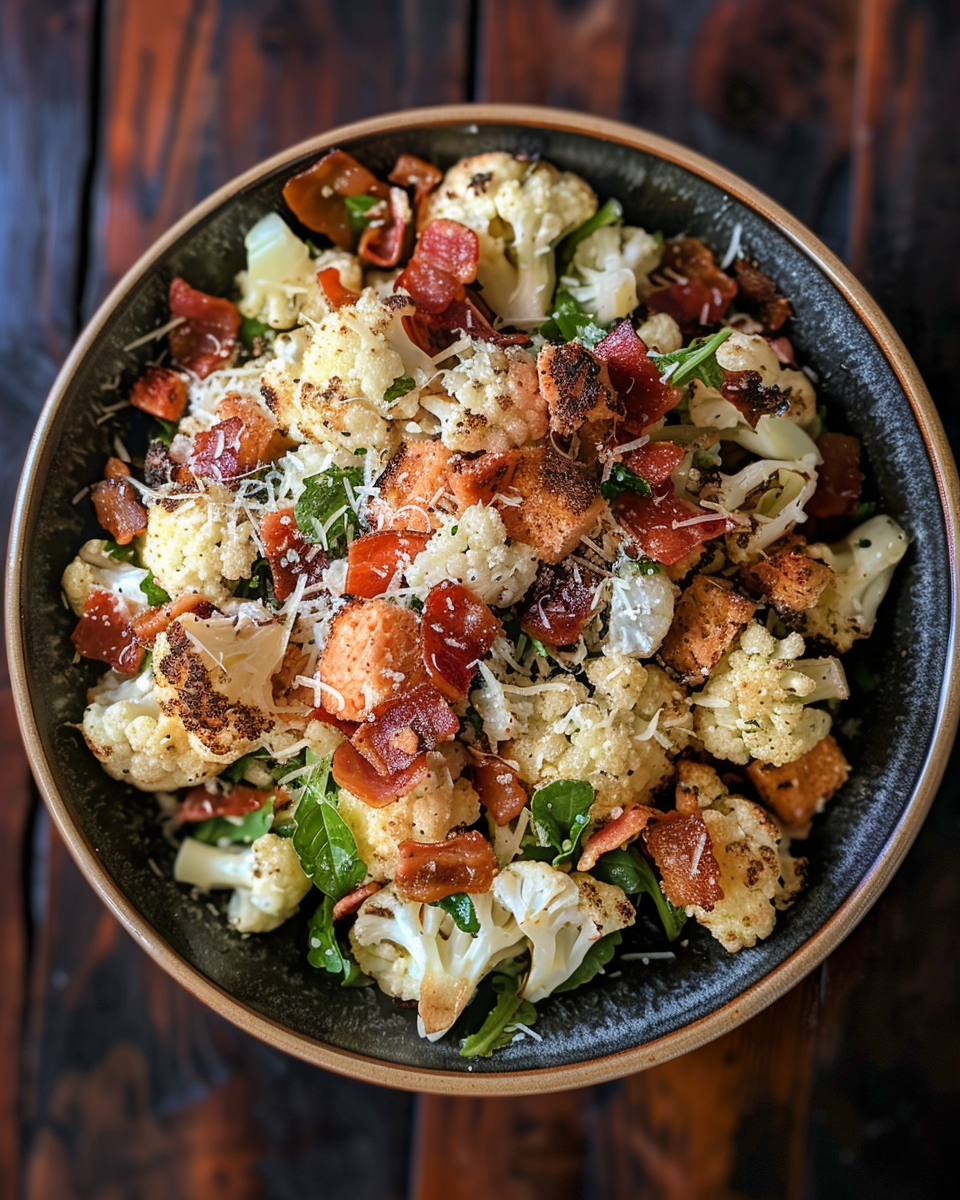 Fresh cauliflower salad with bacon and Parmesan cheese in bowl