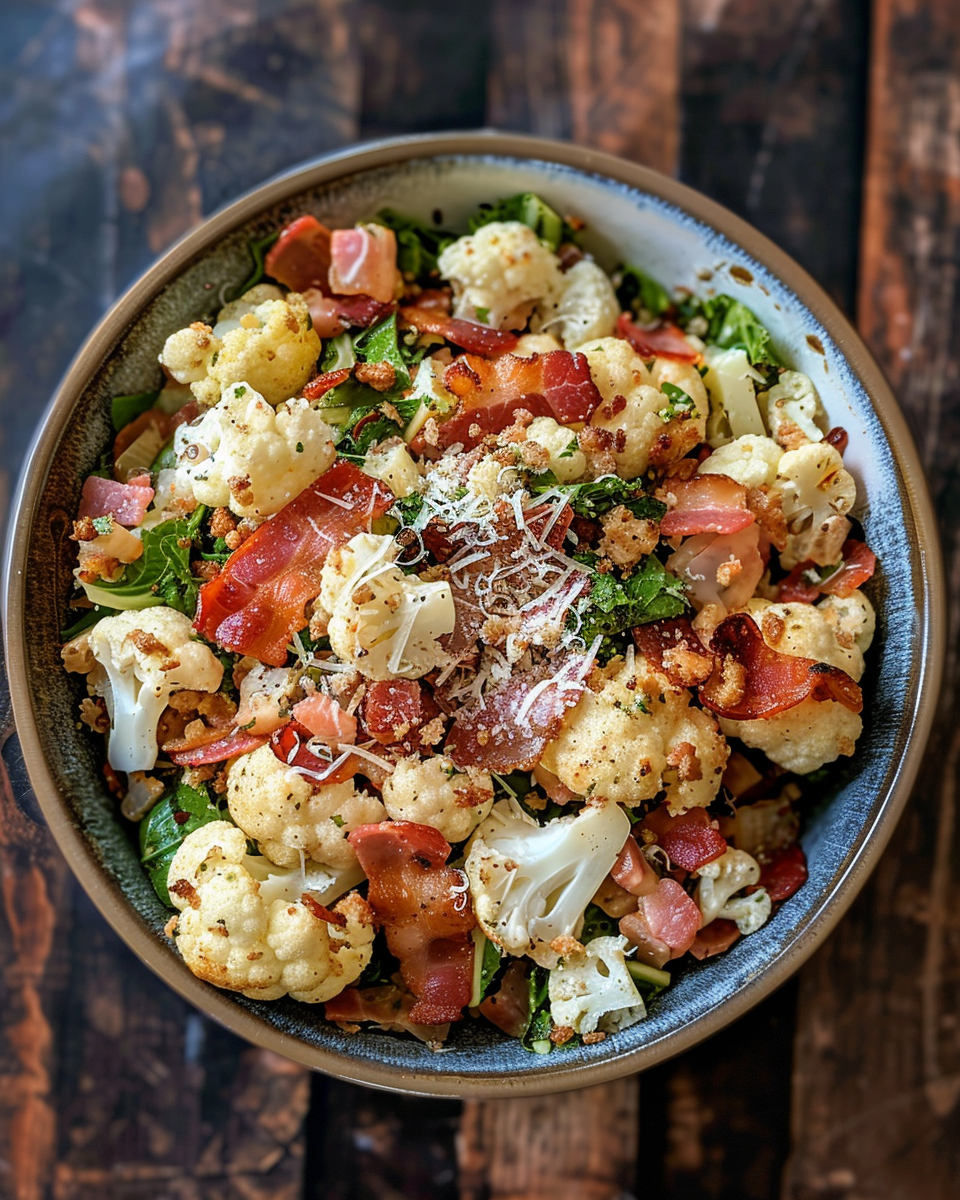 Ingredients for cauliflower salad including chopped lettuce, onion, cauliflower, and bacon