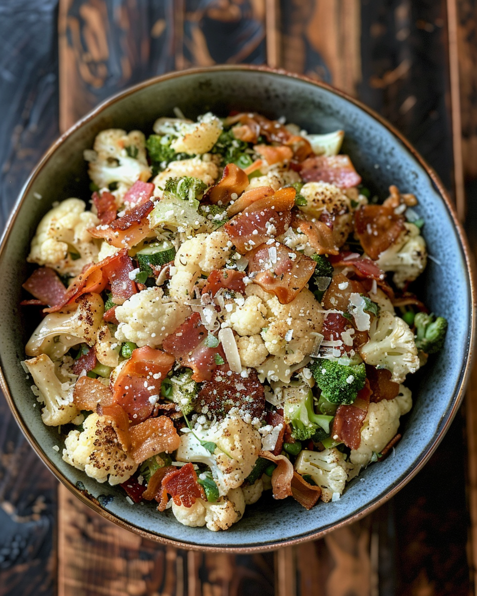 Final serving bowl of cauliflower salad with bacon and Parmesan cheese dressing