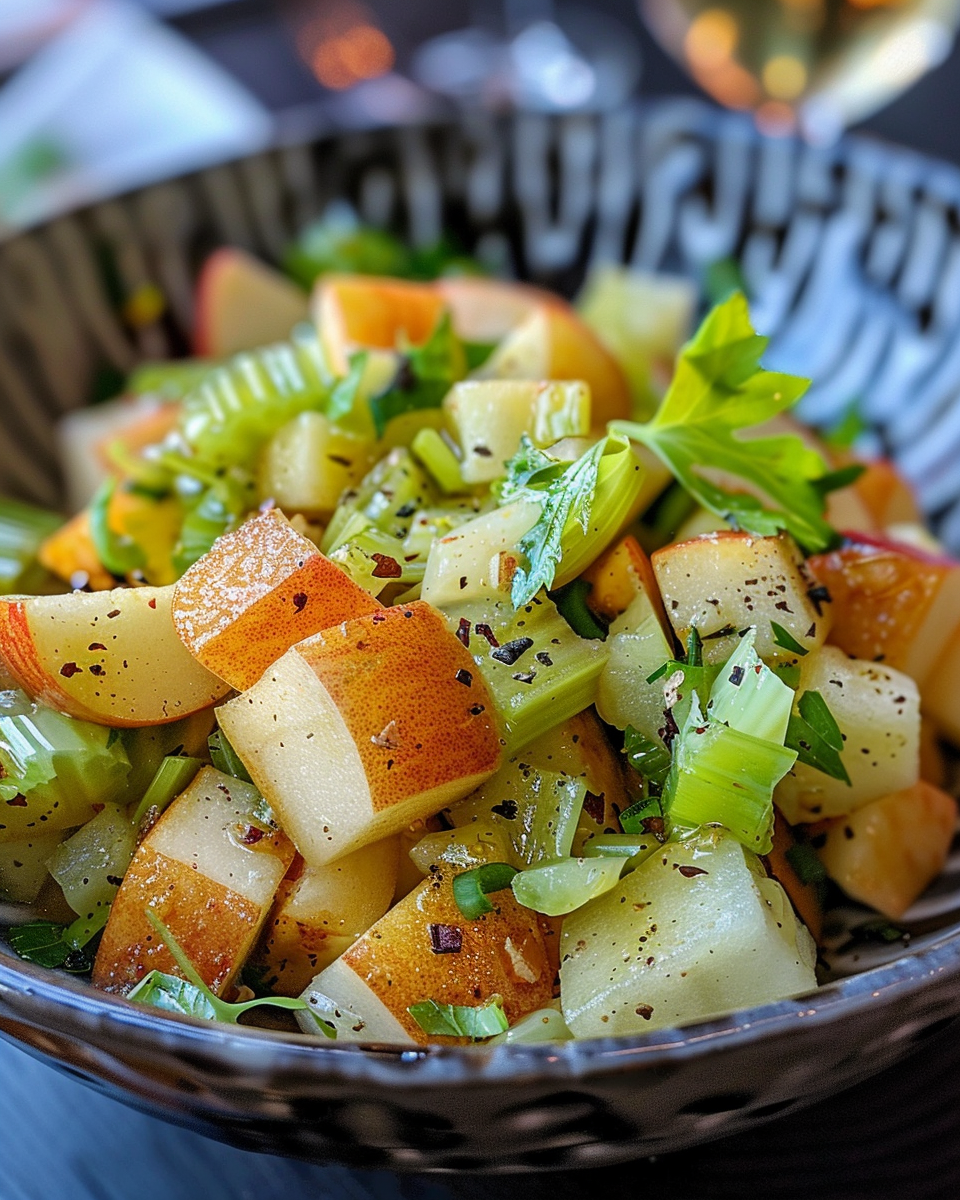 Ingredients for celery apple salad including celery, apples, walnuts, and dates