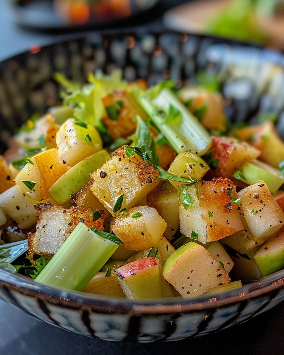 Plated celery apple salad with toasted walnuts, apples, Parmesan, and dressing