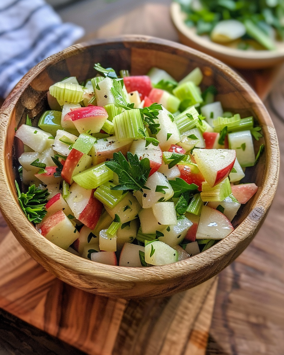 Finished celery apple salad tossed and served fresh in bowl