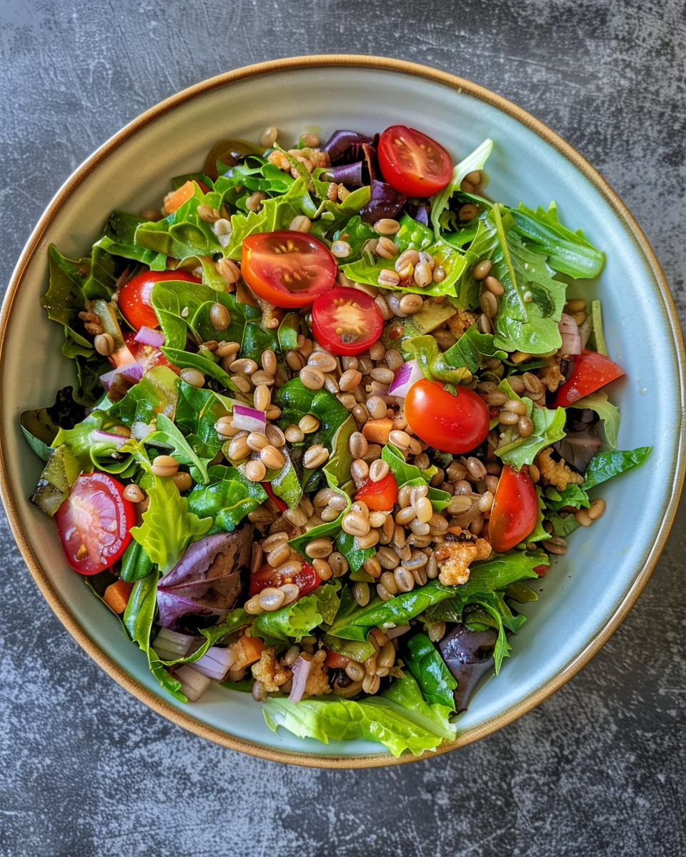 Finished Charlie Bird Farro Salad tossed and served in bowl