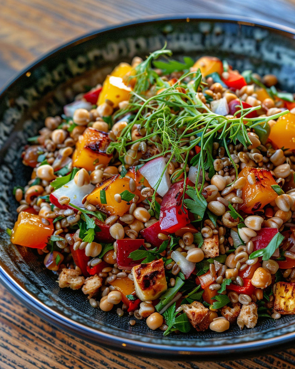 Charlie Birds Farro Salad taken with iphone 15 pro max --iw 2 --ar 4:5 --v 6.0 --raw