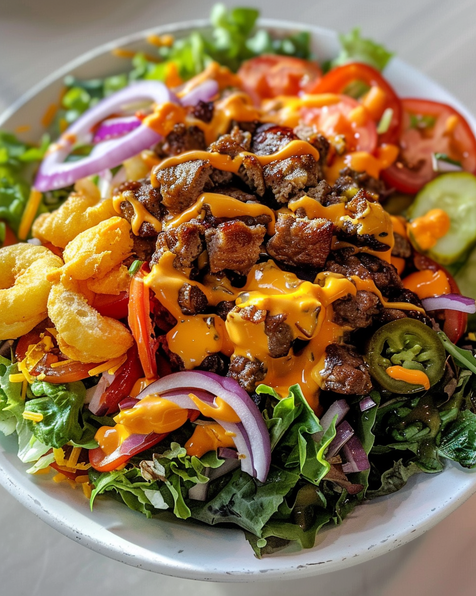Serving bowl of finished cheeseburger salad garnished with cheese and sesame seeds