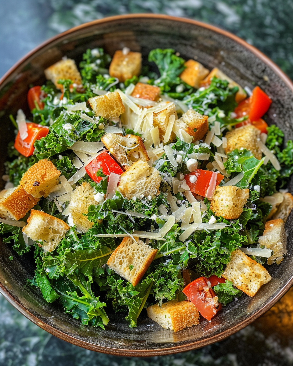 Ingredients for kale Caesar salad including fresh kale and bacon