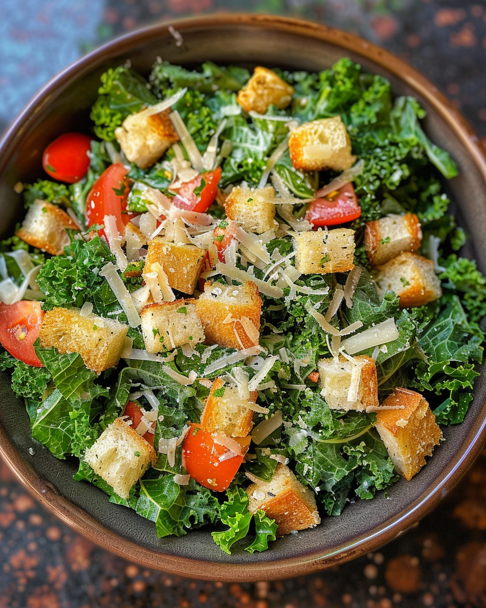 Mixed kale Caesar salad with creamy dressing ready to serve