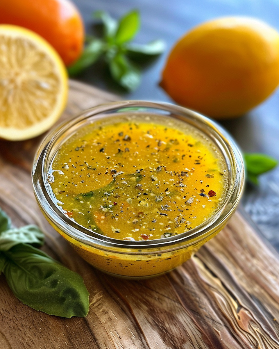 Freshly tossed salad with citrus vinaigrette dressing drizzled over greens