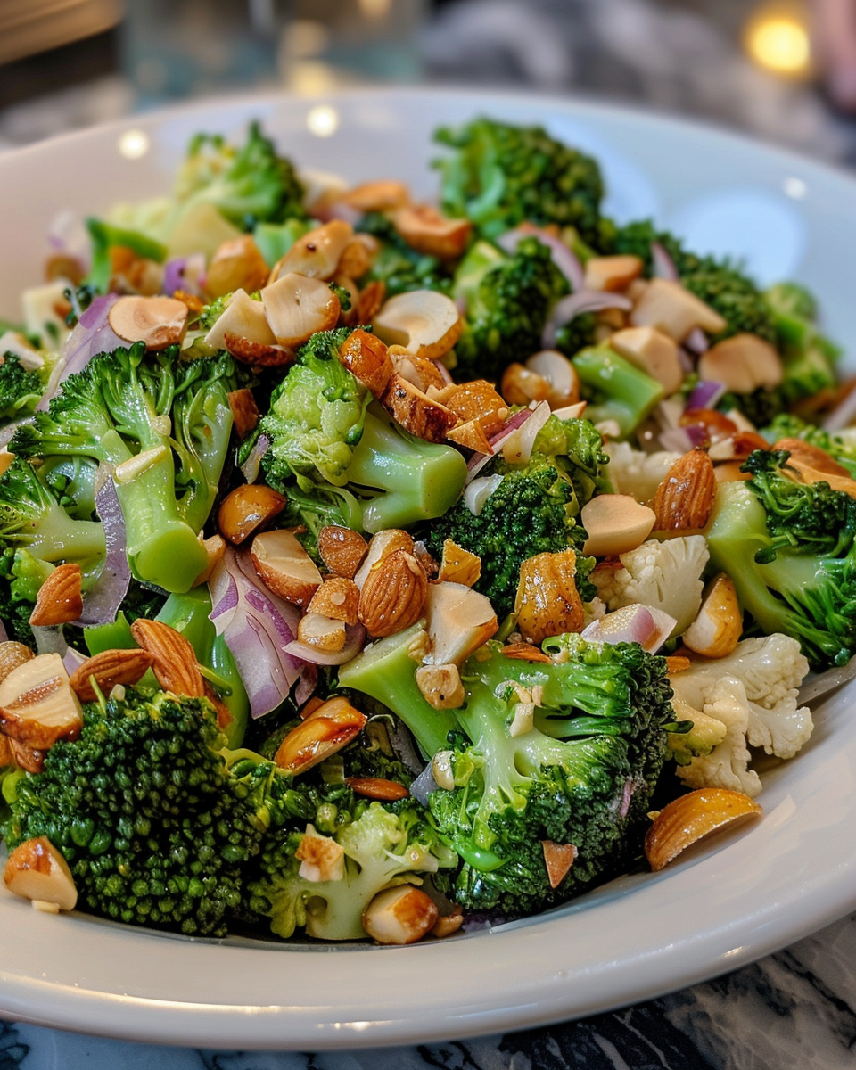 Ingredients for classic broccoli salad including cheese, cranberries, bacon, and fresh broccoli
